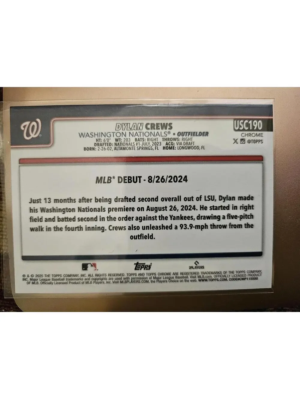 2025 Topps Chrome Update - Dylan Crews (RC) USC190 - Nationals - RAW Mint - Picture 2 of 2